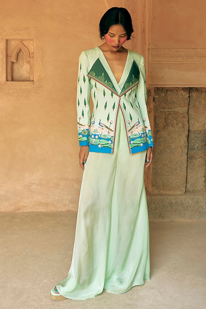 Light Green Georgette Flared Pants by Limerick By Abirr N' Nanki at Pernia's Pop Up Shop