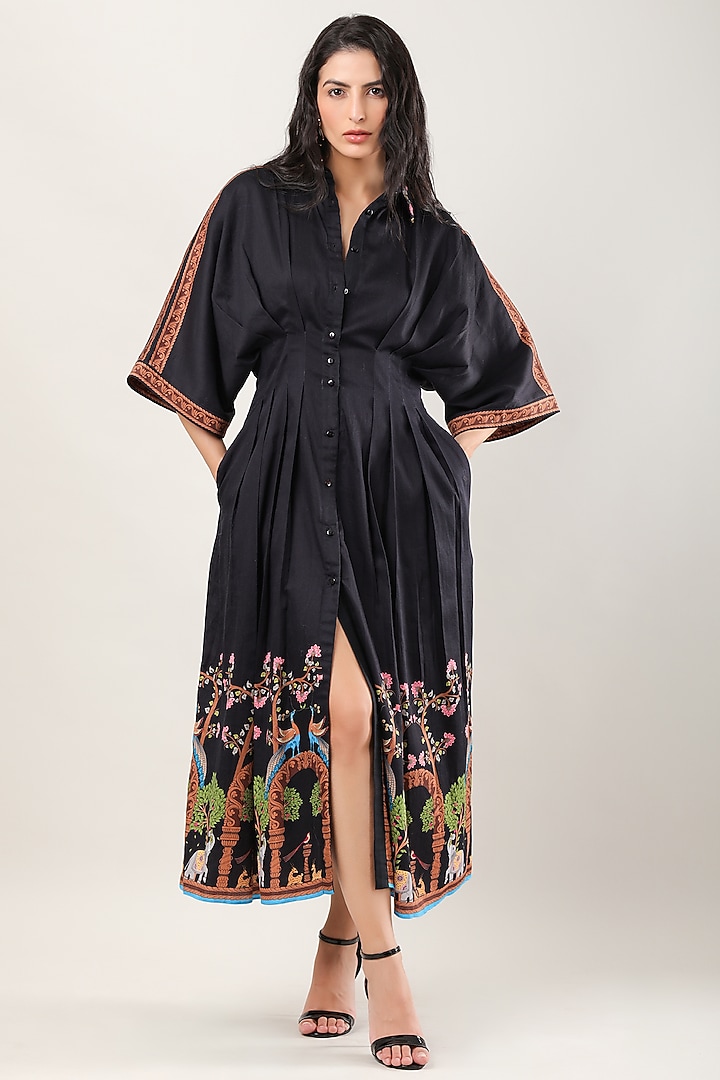 Black Cotton Poplin Printed Mini Vacation Dress by Limerick By Abirr N' Nanki at Pernia's Pop Up Shop