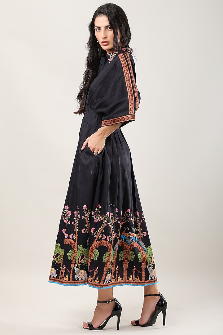 Black Cotton Poplin Printed Mini Vacation Dress by Limerick By Abirr N' Nanki at Pernia's Pop Up Shop