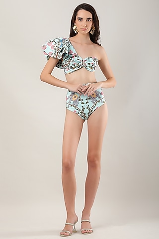 Multi-Colored Polyester & Spandex Printed Bikini Set by Limerick By Abirr N' Nanki