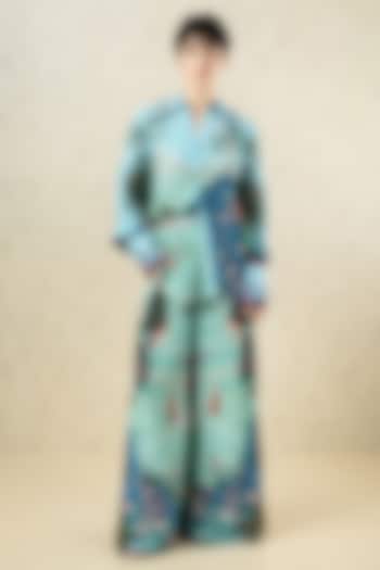 Aqua Green Crepe Printed Embroidered Shirt by Limerick By Abirr N' Nanki at Pernia's Pop Up Shop