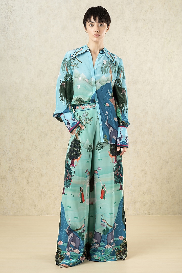 Aqua Green Crepe Printed Embroidered Shirt by Limerick By Abirr N' Nanki at Pernia's Pop Up Shop
