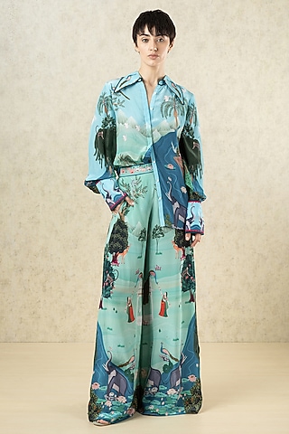 Aqua Green Crepe Printed Embroidered Shirt by Limerick By Abirr N' Nanki