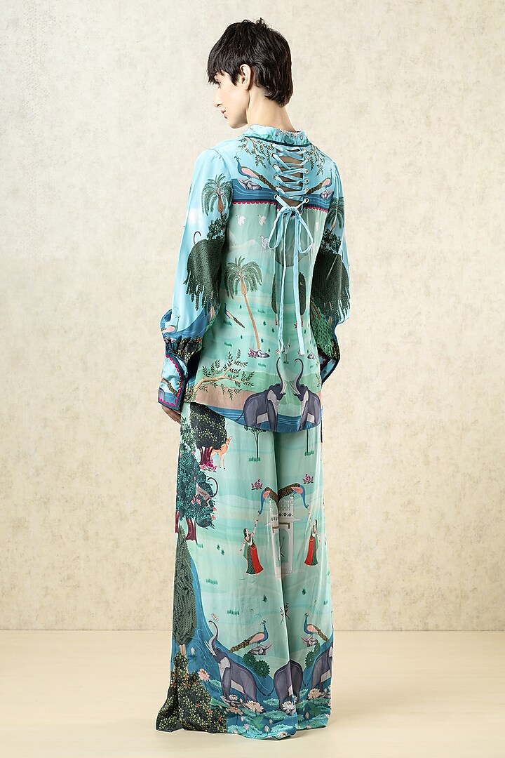 Aqua Green Crepe Printed Embroidered Shirt by Limerick By Abirr N' Nanki at Pernia's Pop Up Shop
