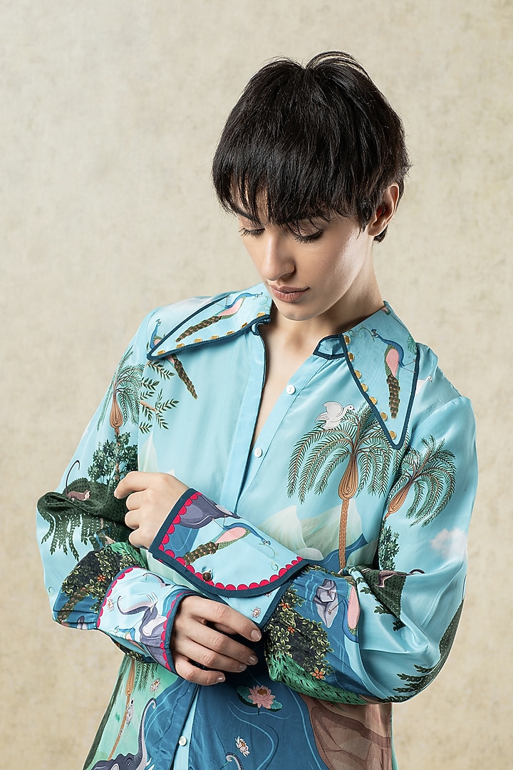 Aqua Green Crepe Printed Embroidered Shirt by Limerick By Abirr N' Nanki at Pernia's Pop Up Shop