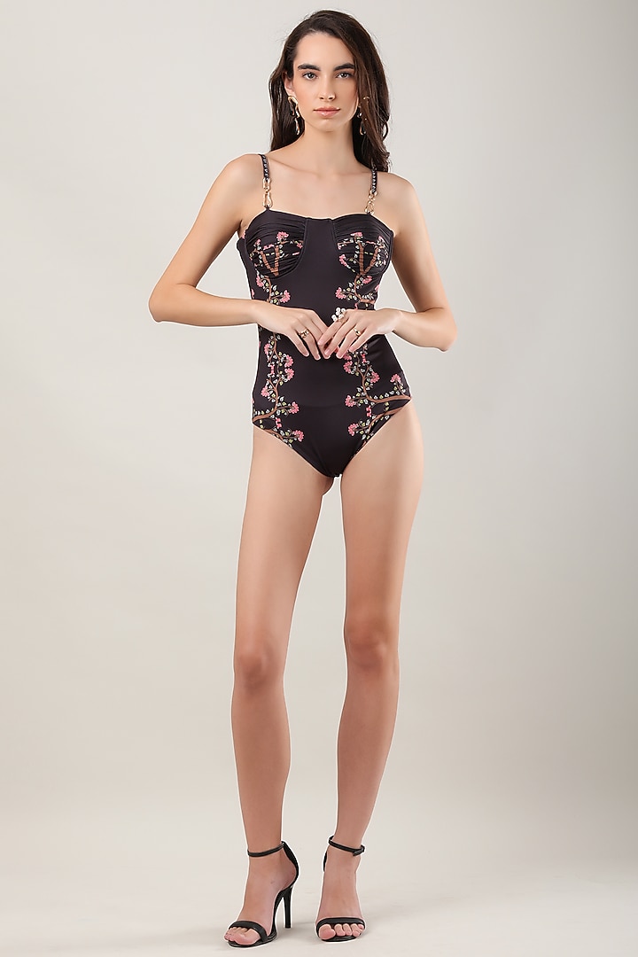 Black Polyester Printed Monokini by Limerick By Abirr N' Nanki at Pernia's Pop Up Shop