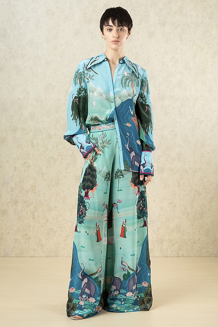 Aqua Green Crepe Printed Statement Pant by Limerick By Abirr N' Nanki at Pernia's Pop Up Shop