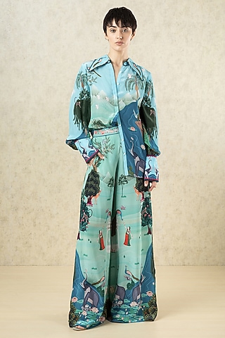 Aqua Green Crepe Printed Statement Pant by Limerick By Abirr N' Nanki
