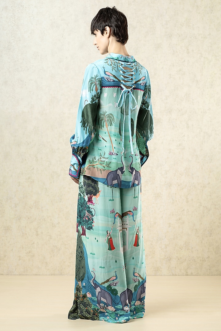 Aqua Green Crepe Printed Statement Pant by Limerick By Abirr N' Nanki at Pernia's Pop Up Shop