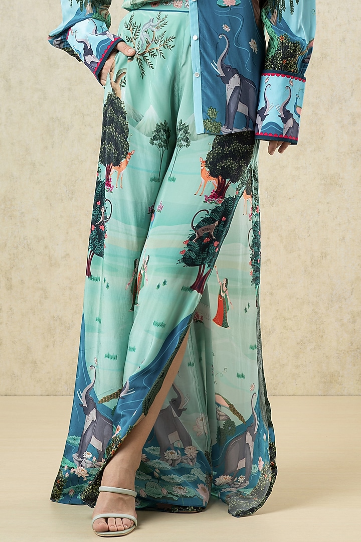 Aqua Green Crepe Printed Statement Pant by Limerick By Abirr N' Nanki at Pernia's Pop Up Shop