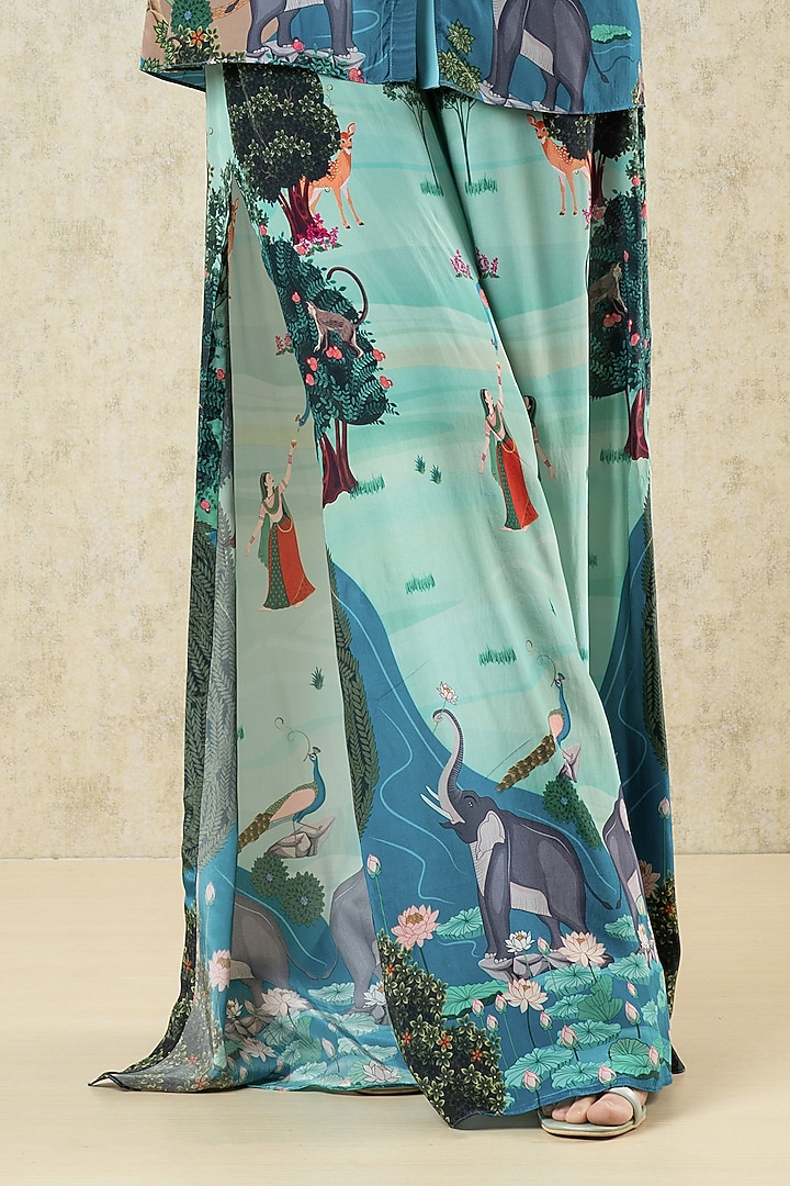 Aqua Green Crepe Printed Statement Pant by Limerick By Abirr N' Nanki at Pernia's Pop Up Shop