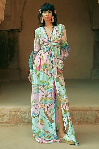Blush Pink Crepe Organza Embroidered Maxi Dress by Limerick By Abirr N' Nanki