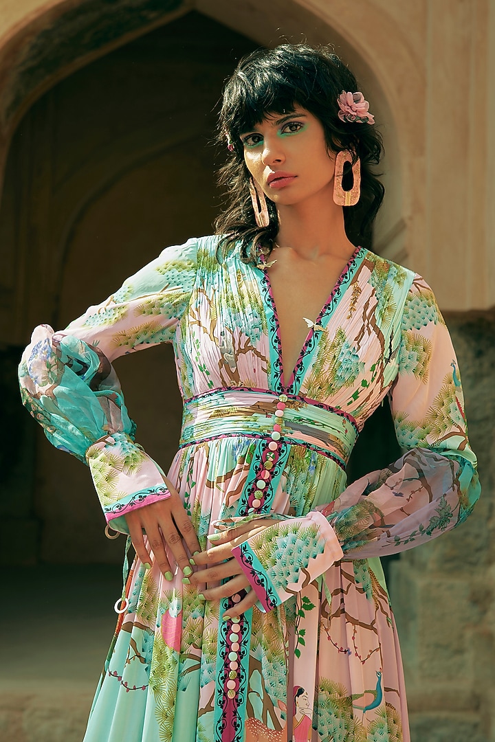 Blush Pink Crepe Organza Embroidered Maxi Vacation Dress by Limerick By Abirr N' Nanki at Pernia's Pop Up Shop