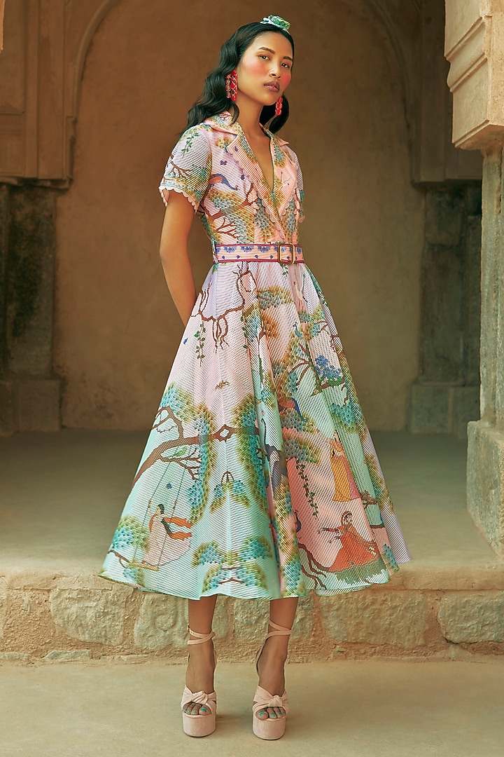 Blush Pink Stripe Textured Organza Embroidered Vacation Dress by Limerick By Abirr N' Nanki at Pernia's Pop Up Shop