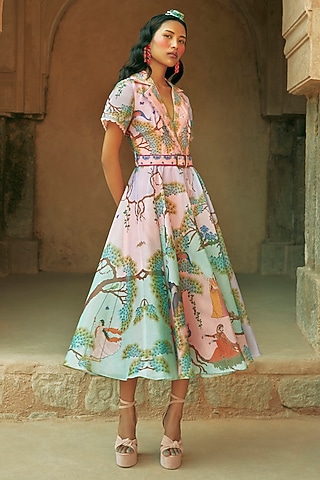 Blush Pink Stripe Textured Organza Embroidered Dress by Limerick By Abirr N' Nanki
