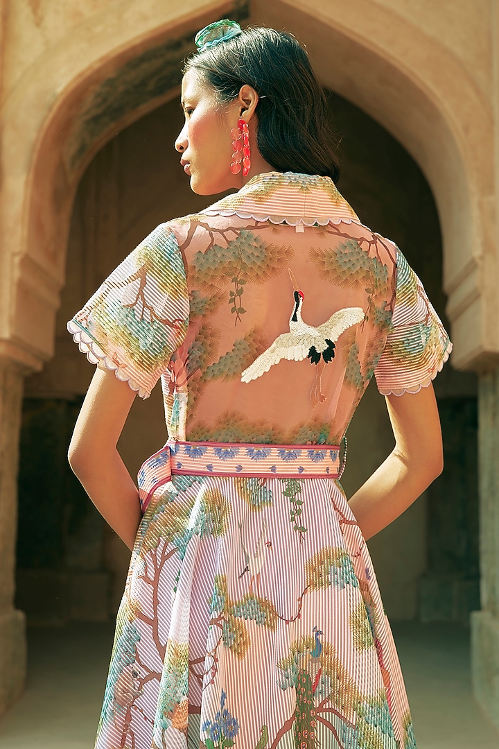 Blush Pink Stripe Textured Organza Embroidered Vacation Dress by Limerick By Abirr N' Nanki at Pernia's Pop Up Shop