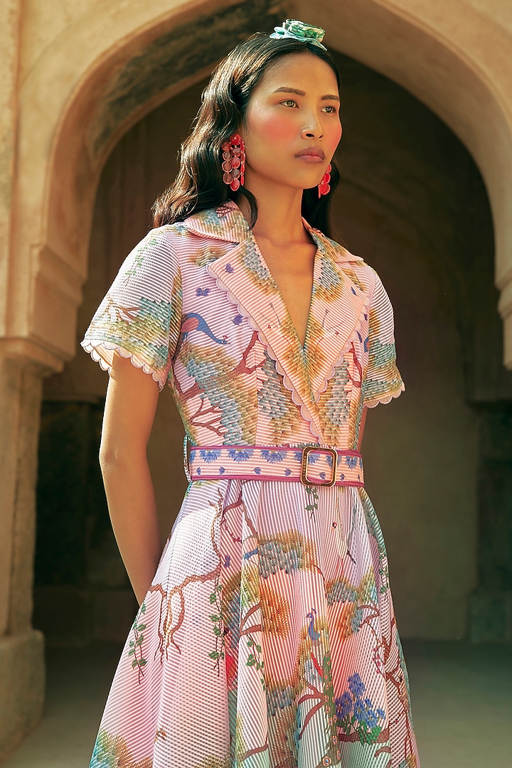 Blush Pink Stripe Textured Organza Embroidered Vacation Dress by Limerick By Abirr N' Nanki at Pernia's Pop Up Shop