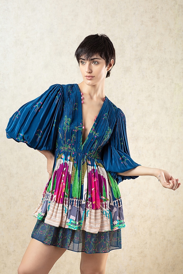 Navy Blue Crepe Stripe Textured Organza Embroidered Vacation Dress by Limerick By Abirr N' Nanki at Pernia's Pop Up Shop