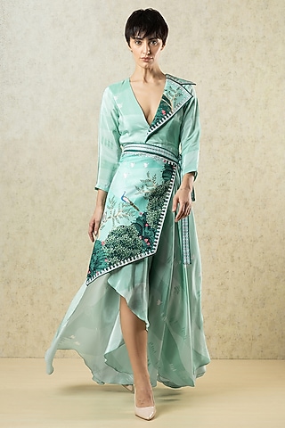 Mint Green Crepe Scallop Textured Satin Statement Dress by Limerick By Abirr N' Nanki