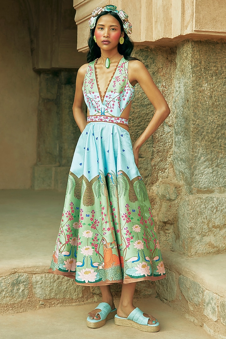 Sky Blue Scallop Textured Satin Embroidered Vacation Dress by Limerick By Abirr N' Nanki at Pernia's Pop Up Shop