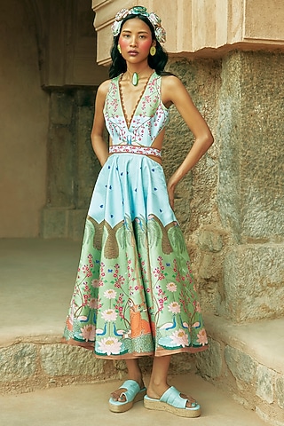 Sky Blue Scallop Textured Satin Embroidered Dress by Limerick By Abirr N' Nanki