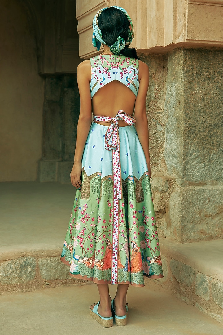 Sky Blue Scallop Textured Satin Embroidered Vacation Dress by Limerick By Abirr N' Nanki at Pernia's Pop Up Shop