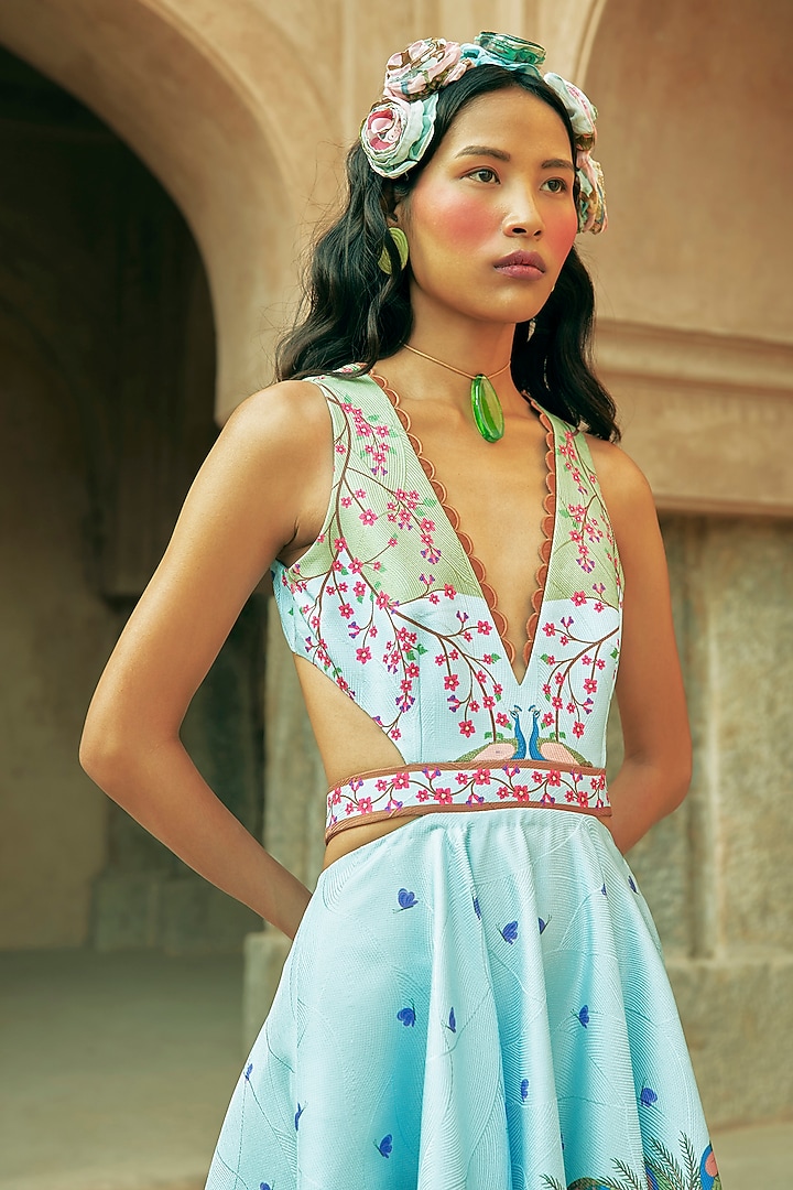 Sky Blue Scallop Textured Satin Embroidered Vacation Dress by Limerick By Abirr N' Nanki at Pernia's Pop Up Shop