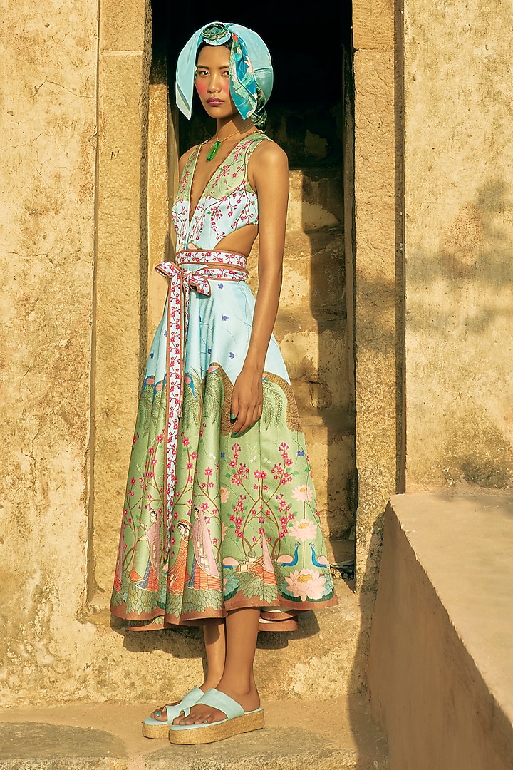 Sky Blue Scallop Textured Satin Embroidered Vacation Dress by Limerick By Abirr N' Nanki at Pernia's Pop Up Shop
