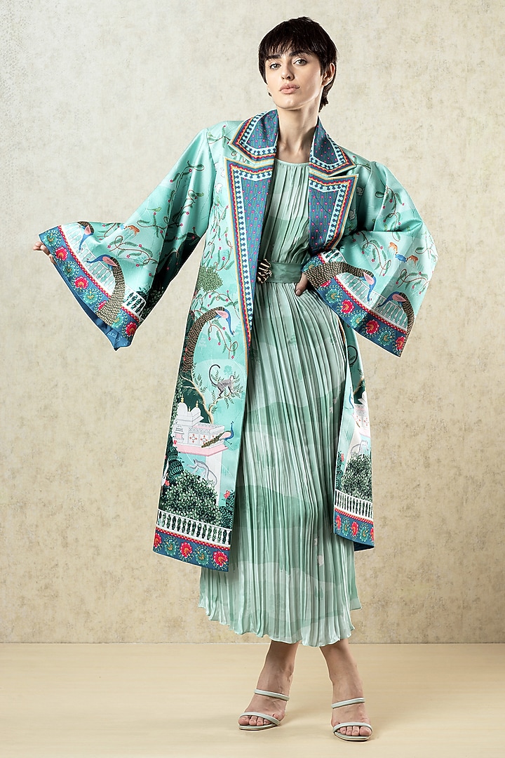 Mint Green Scallop Textured Satin Printed Statement Jacket by Limerick By Abirr N' Nanki at Pernia's Pop Up Shop