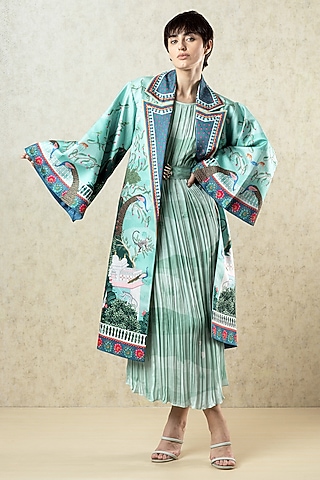 Mint Green Scallop Textured Satin Printed Statement Jacket by Limerick By Abirr N' Nanki