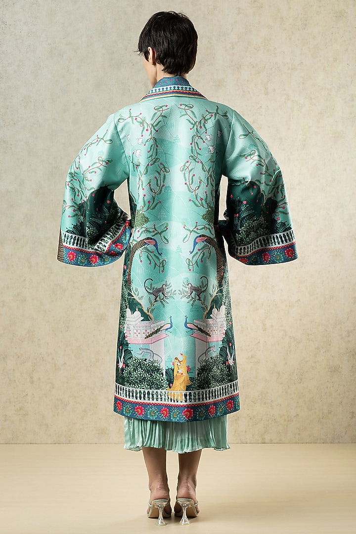 Mint Green Scallop Textured Satin Printed Statement Jacket by Limerick By Abirr N' Nanki at Pernia's Pop Up Shop