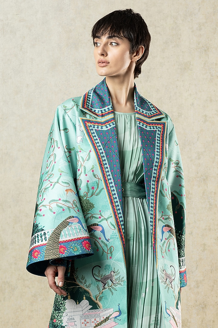 Mint Green Scallop Textured Satin Printed Statement Jacket by Limerick By Abirr N' Nanki at Pernia's Pop Up Shop