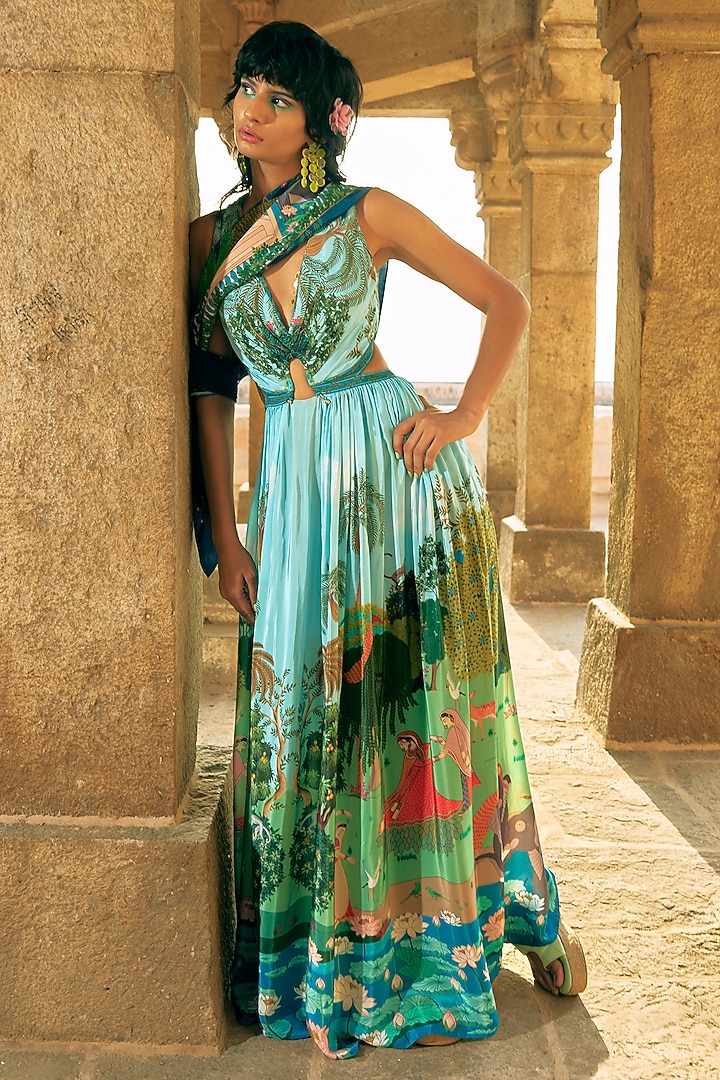 Mint Green Crepe Embroidered Maxi Vacation Dress by Limerick By Abirr N' Nanki at Pernia's Pop Up Shop