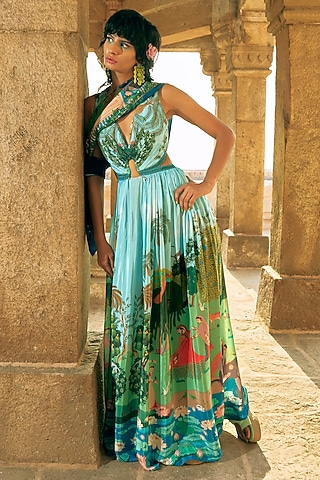 Mint Green Crepe Embroidered Maxi Dress by Limerick By Abirr N' Nanki