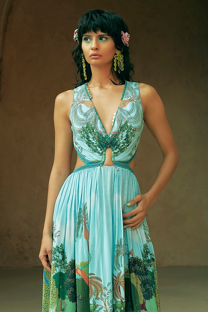 Mint Green Crepe Embroidered Maxi Vacation Dress by Limerick By Abirr N' Nanki at Pernia's Pop Up Shop