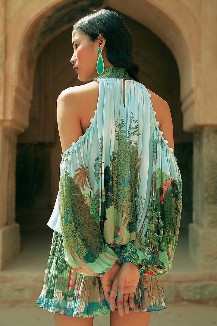 Aqua Green Georgette Embroidered Balloon Top by Limerick By Abirr N' Nanki at Pernia's Pop Up Shop