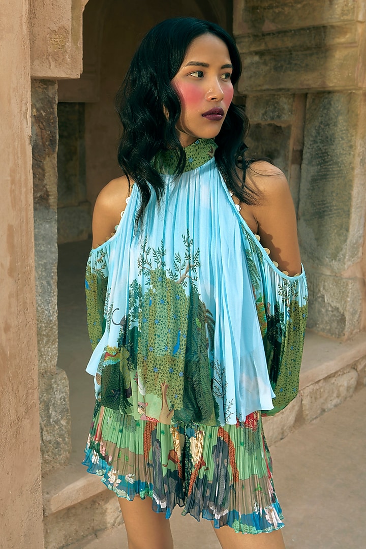 Green Georgette Printed Crinkled Statement Shorts by Limerick By Abirr N' Nanki at Pernia's Pop Up Shop