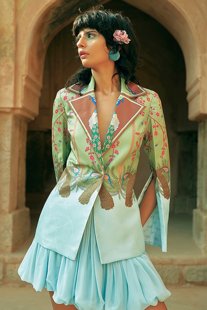 Green & Sky Blue Scalloped Satin Printed Statement Jacket by Limerick By Abirr N' Nanki at Pernia's Pop Up Shop