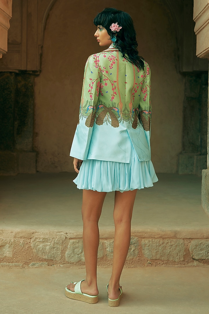 Green & Sky Blue Scalloped Satin Printed Statement Jacket by Limerick By Abirr N' Nanki at Pernia's Pop Up Shop