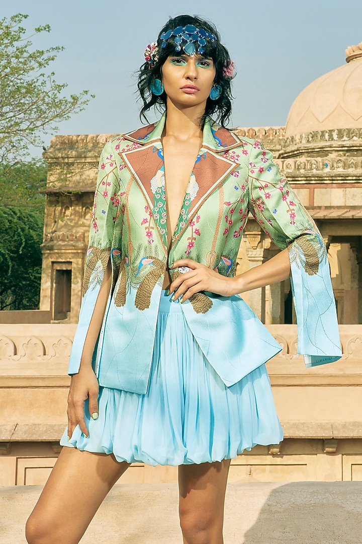 Green & Sky Blue Scalloped Satin Printed Statement Jacket by Limerick By Abirr N' Nanki at Pernia's Pop Up Shop