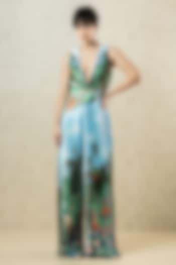 Green & Sky Blue Satin Printed Pleated Statement Jumpsuit by Limerick By Abirr N' Nanki at Pernia's Pop Up Shop