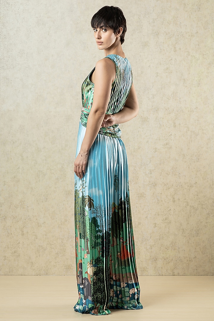 Green & Sky Blue Satin Printed Pleated Statement Jumpsuit by Limerick By Abirr N' Nanki at Pernia's Pop Up Shop