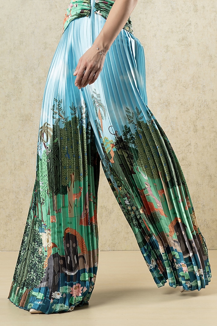 Green & Sky Blue Satin Printed Pleated Statement Jumpsuit by Limerick By Abirr N' Nanki at Pernia's Pop Up Shop