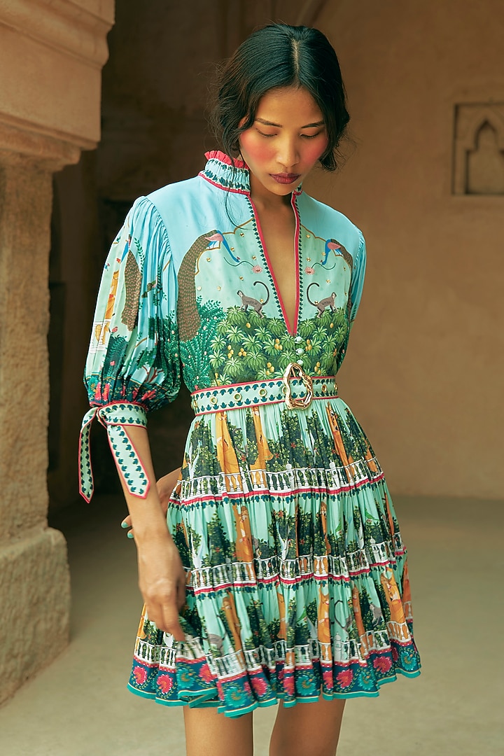 Multi-Coloured Crepe Printed Tiered Mini Vacation Dress by Limerick By Abirr N' Nanki at Pernia's Pop Up Shop