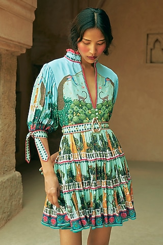 Multi-Coloured Crepe Printed Tiered Mini Dress  by Limerick By Abirr N' Nanki