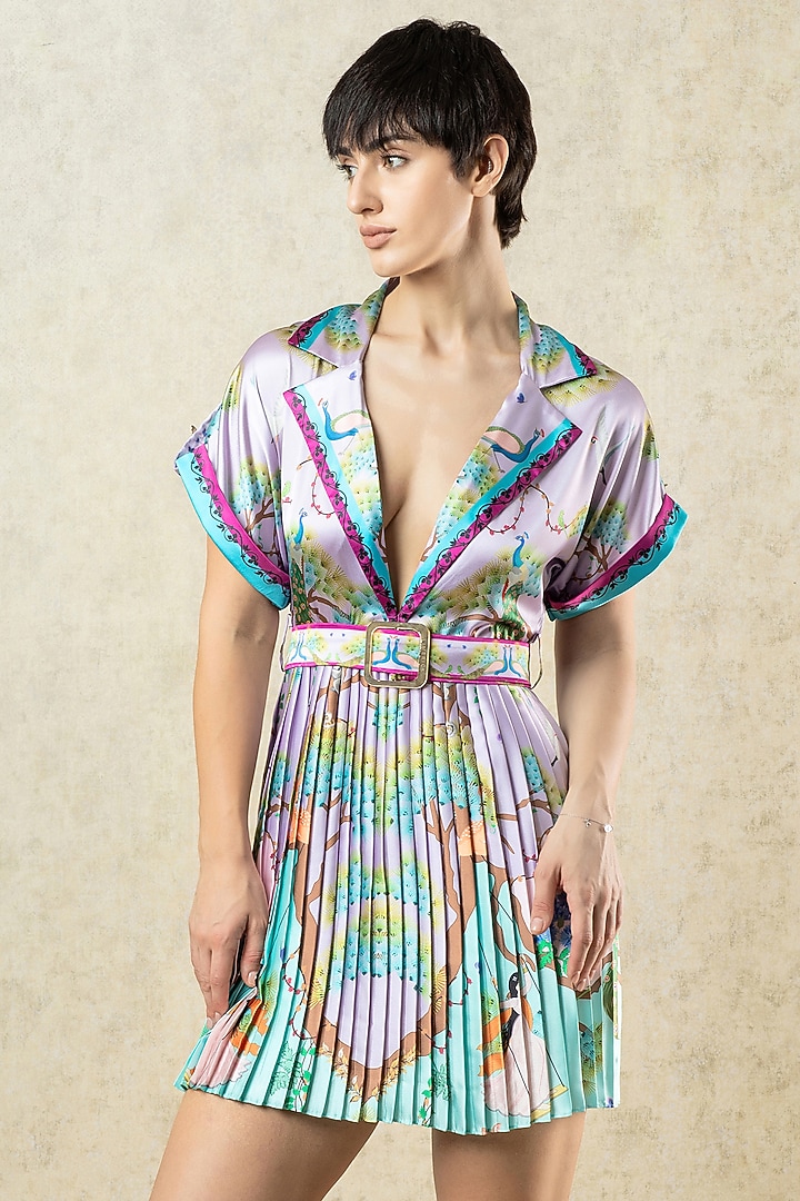 Mint & Lilac Pink Satin Embroidered Pleated Mini Summer Dress by Limerick By Abirr N' Nanki at Pernia's Pop Up Shop