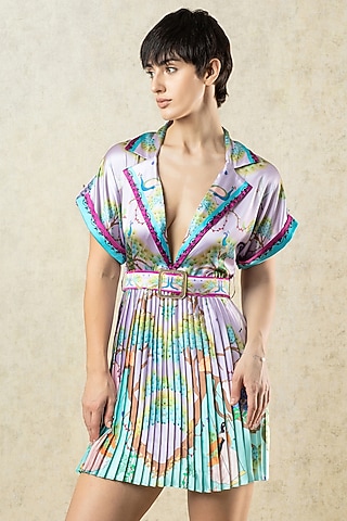 Mint & Lilac Pink Satin Embroidered Pleated Mini Dress by Limerick By Abirr N' Nanki