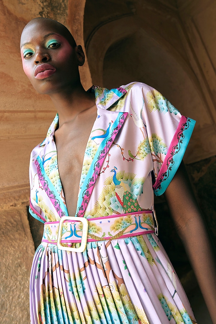 Mint & Lilac Pink Satin Embroidered Pleated Mini Summer Dress by Limerick By Abirr N' Nanki at Pernia's Pop Up Shop