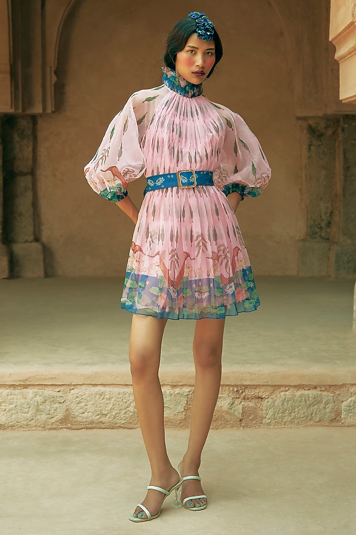 Pink Organza Printed Statement Mini Vacation Dress by Limerick By Abirr N' Nanki at Pernia's Pop Up Shop