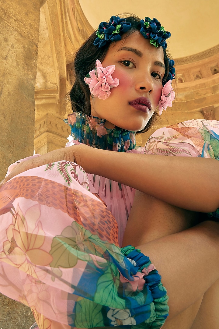 Pink Organza Printed Statement Mini Vacation Dress by Limerick By Abirr N' Nanki at Pernia's Pop Up Shop